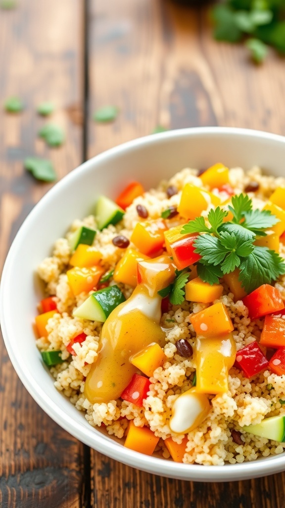 A colorful quinoa bowl with vegetables and a drizzle of dressing on a wooden table.